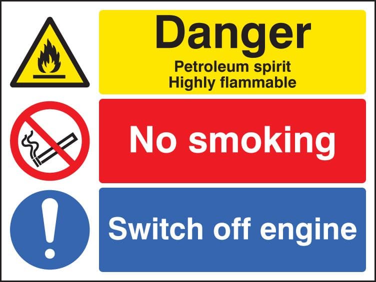 16201K Petroleum spirit/no smoking/switch off engine Rigid Plastic (400x300mm) Safety Sign