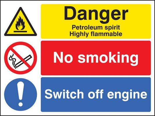 16201K Petroleum spirit/no smoking/switch off engine Rigid Plastic (400x300mm) Safety Sign