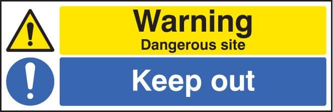 16223M Warning dangerous site keep out Rigid Plastic (600x200mm) Safety Sign