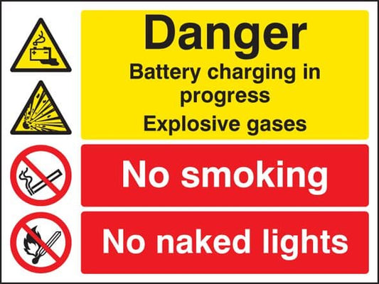 16225K Battery charging in progress no smoking no naked lights Rigid Plastic (400x300mm)Safety Sign