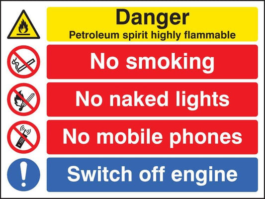 16228K Petroleum spirit highly flammable/no smoking etc Rigid Plastic (400x300mm) Safety Sign