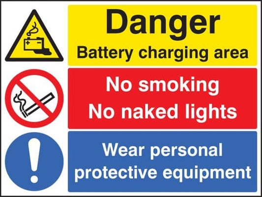 16278Q Battery charging area, wear PPE, no smoking, no naked lights Rigid Plastic (600x450mm)