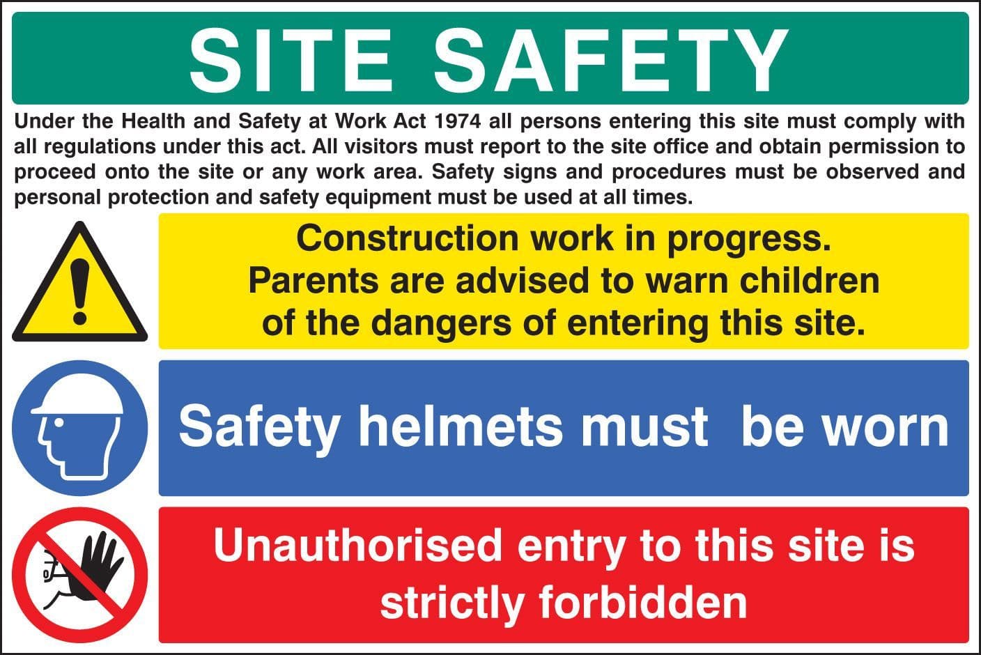 16414W Site safety - construction work in progress Rigid Plastic (900x600mm) Safety Sign