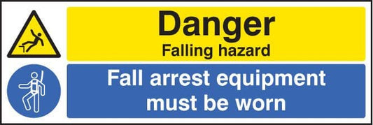16457M Danger falling hazard fall arrest equipment must be worn Rigid Plastic (600x200mm)