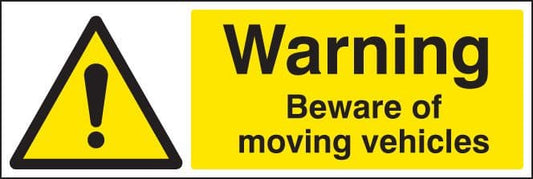 16459G Warning beware of moving vehicles Rigid Plastic (300x100mm) Safety Sign