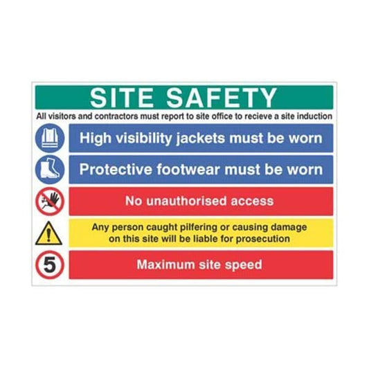 16597W Site safety - hivis, boots, liable for prosecution, 5mph sign - Rigid Plastic (900x600mm)