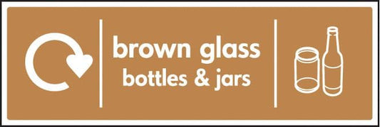 16640M WRAP Recycling Sign - Brown glass bottles & jars Rigid Plastic (600x200mm) Safety Sign