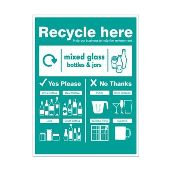 16675Q Mixed glass bottles & jars - WRAP Recycle here sign sign - Rigid Plastic (600x450mm)