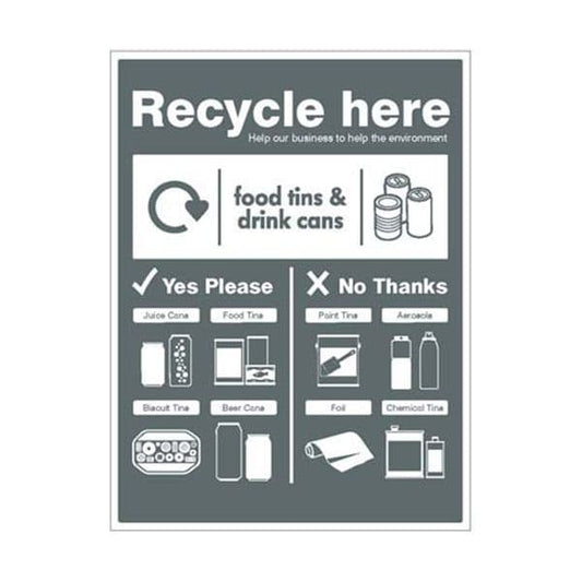 16677Q Food tins and drink cans - WRAP Recycle here sign sign - Rigid Plastic (600x450mm)