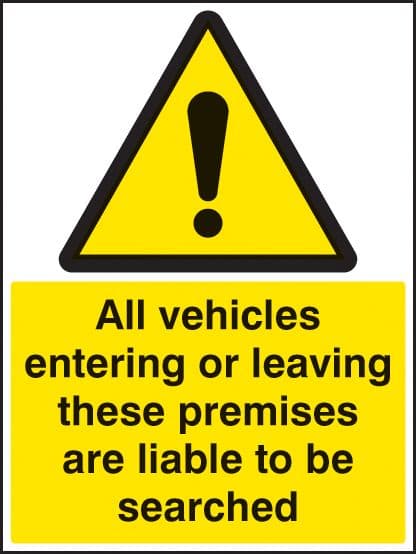 17530Q All vehicles entering or leaving liable to be searched Rigid Plastic (600x450mm) Safety Sign