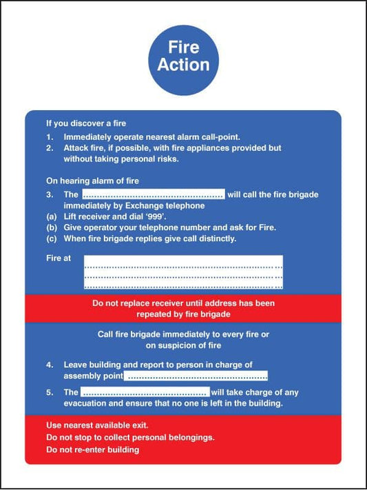 21401E Fire action (fire service dialled manually) Self Adhesive Vinyl (200x150mm) Safety Sign