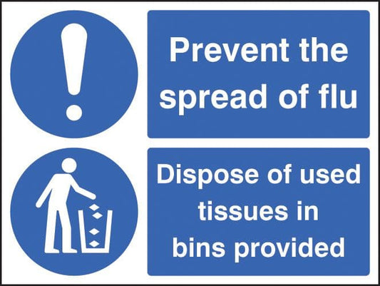 25502E Prevent the spread of flu - Dispose of used tissues in bins provided Sticker (200x150mm)