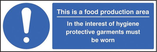 25605G Food production area PPE garments must be worn Self Adhesive Vinyl (300x100mm) Safety Sign