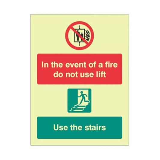 31248E In the event of fire do not use lift, use stairs sign - Photoluminescent Rigid (200x150mm)