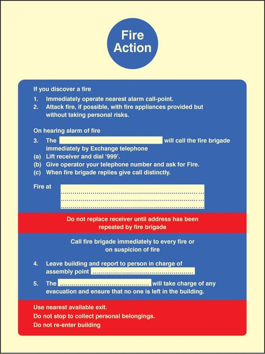 31401H Fire action (fire service dialled manually) Photoluminescent Rigid (300x250mm) Safety Sign