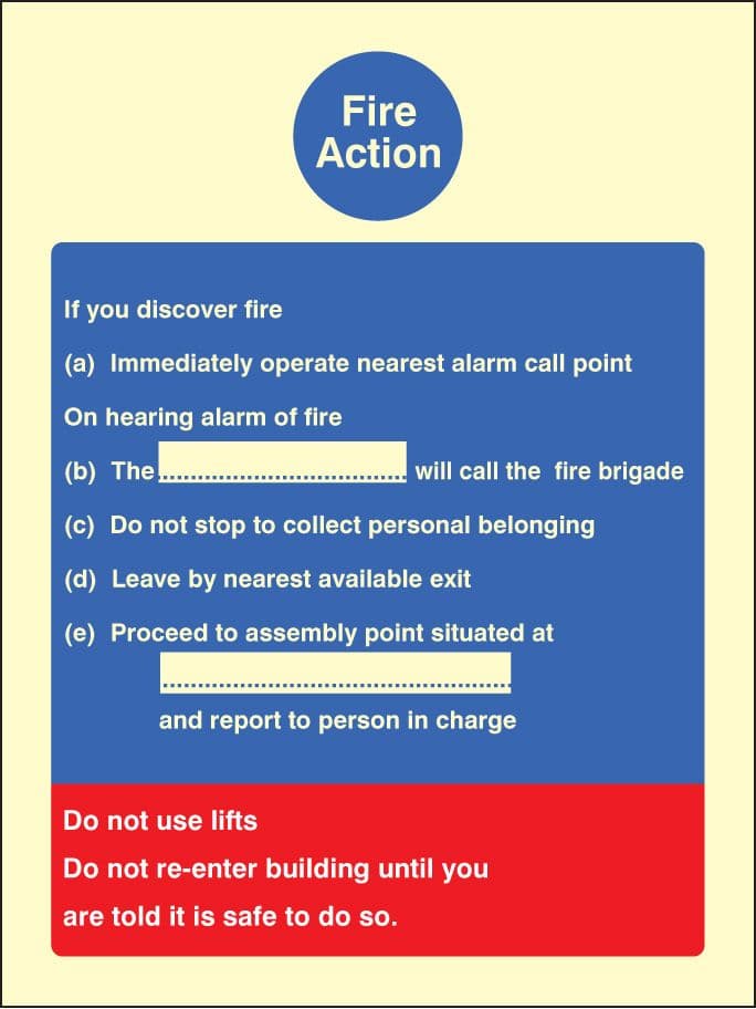31403E Fire action standard (fire service dialled manually) Photoluminescent Rigid (200x150mm)