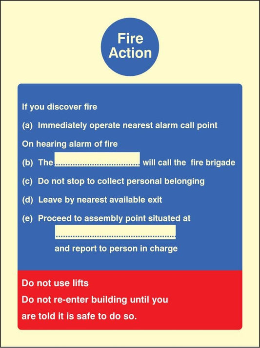 31403E Fire action standard (fire service dialled manually) Photoluminescent Rigid (200x150mm)