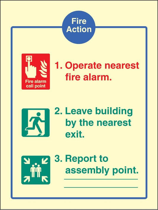 31405E Fire action - EEC (fire service dialled automatically) Photoluminescent Rigid (200x150mm)