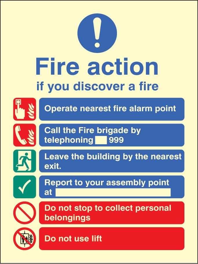 31419E New EEC fire action (manual call 999) Photoluminescent Rigid (200x150mm) Safety Sign