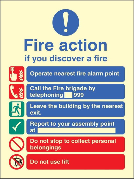 31419E New EEC fire action (manual call 999) Photoluminescent Rigid (200x150mm) Safety Sign