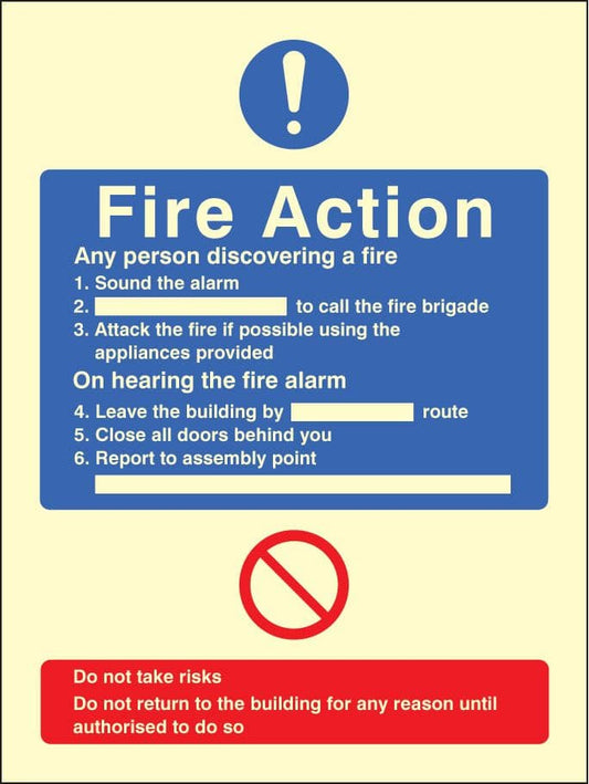 31423E General fire action no lift Photoluminescent Rigid (200x150mm) Safety Sign