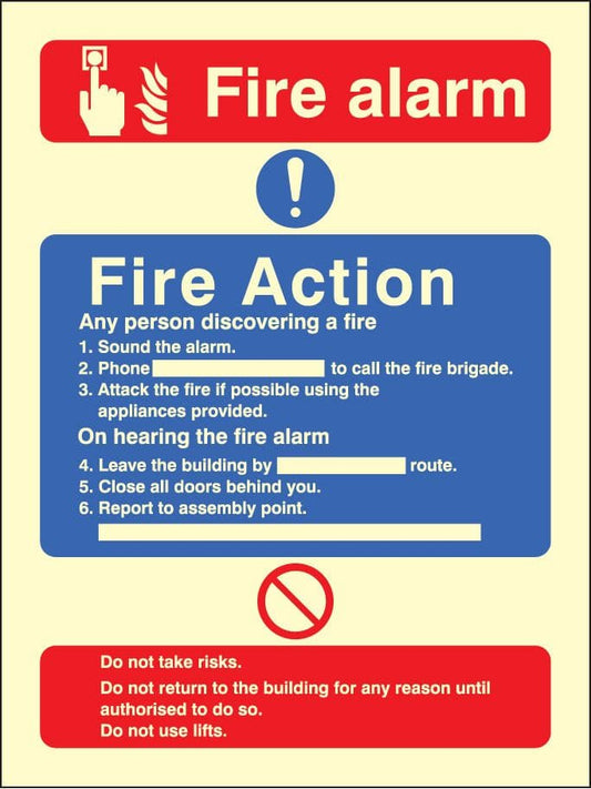 31426E Fire action/call point with lift Photoluminescent Rigid (200x150mm) Safety Sign