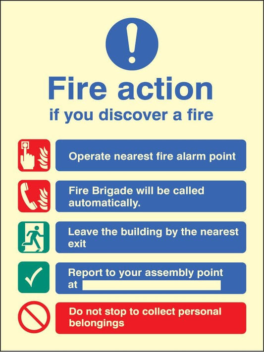 31429E Fire action auto dial without lift Photoluminescent Rigid (200x150mm) Safety Sign