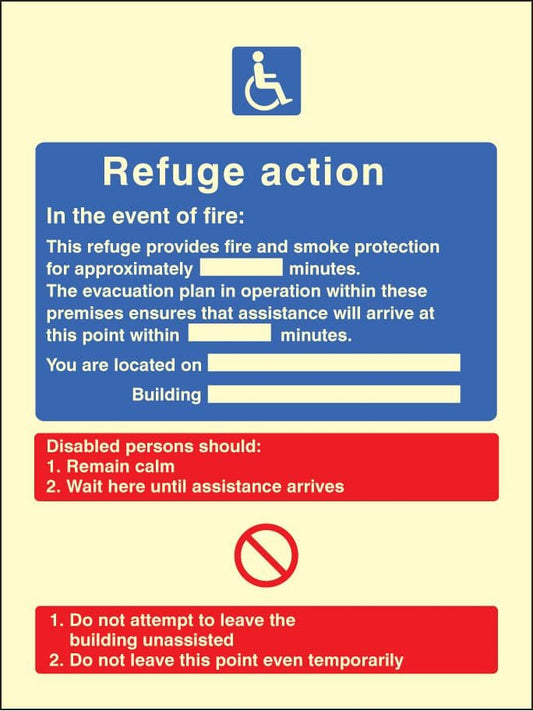 31430E Refuge action Photoluminescent Rigid (200x150mm) Safety Sign