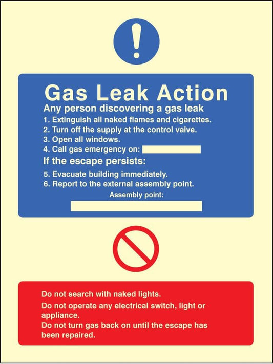 31431E Gas leak action Photoluminescent Rigid (200x150mm) Safety Sign