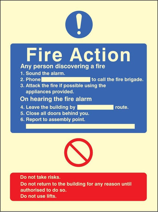 31432E General fire action with lift Photoluminescent Rigid (200x150mm) Safety Sign