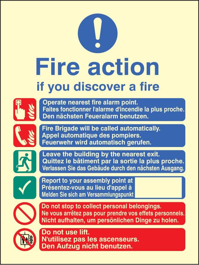 31435E Multi-lingual fire action auto with lift Photoluminescent Rigid (200x150mm) Safety Sign