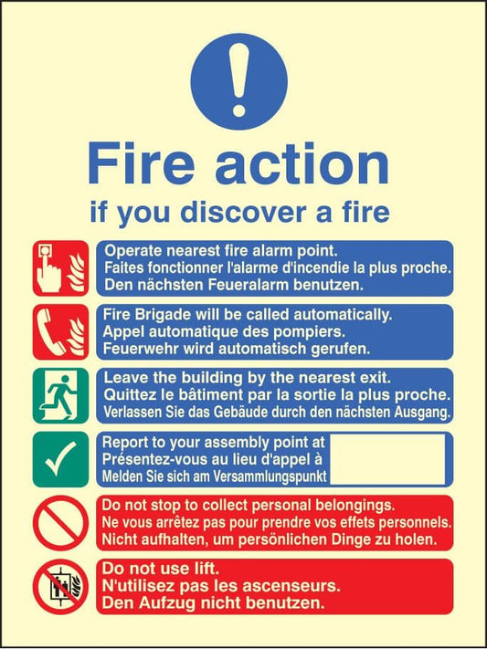 31435H Multi-lingual fire action auto with lift Photoluminescent Rigid (300x250mm) Safety Sign
