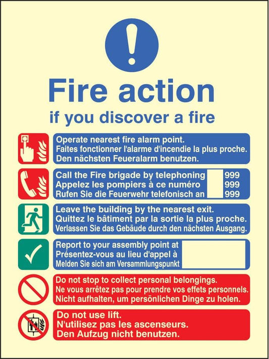 31436E Multi-lingual fire action manual lift Photoluminescent Rigid (200x150mm) Safety Sign