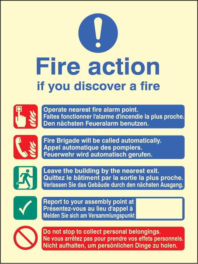31437E Multi-lingual fire action manual no lift Photoluminescent Rigid (200x150mm) Safety Sign