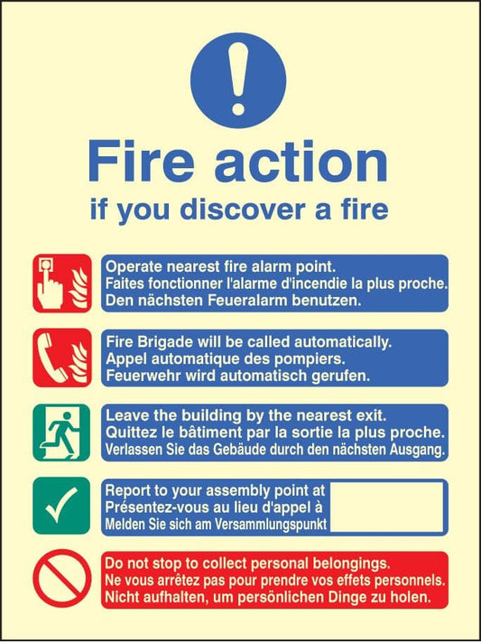 31437H Multi-lingual fire action manual no lift Photoluminescent Rigid (300x250mm) Safety Sign