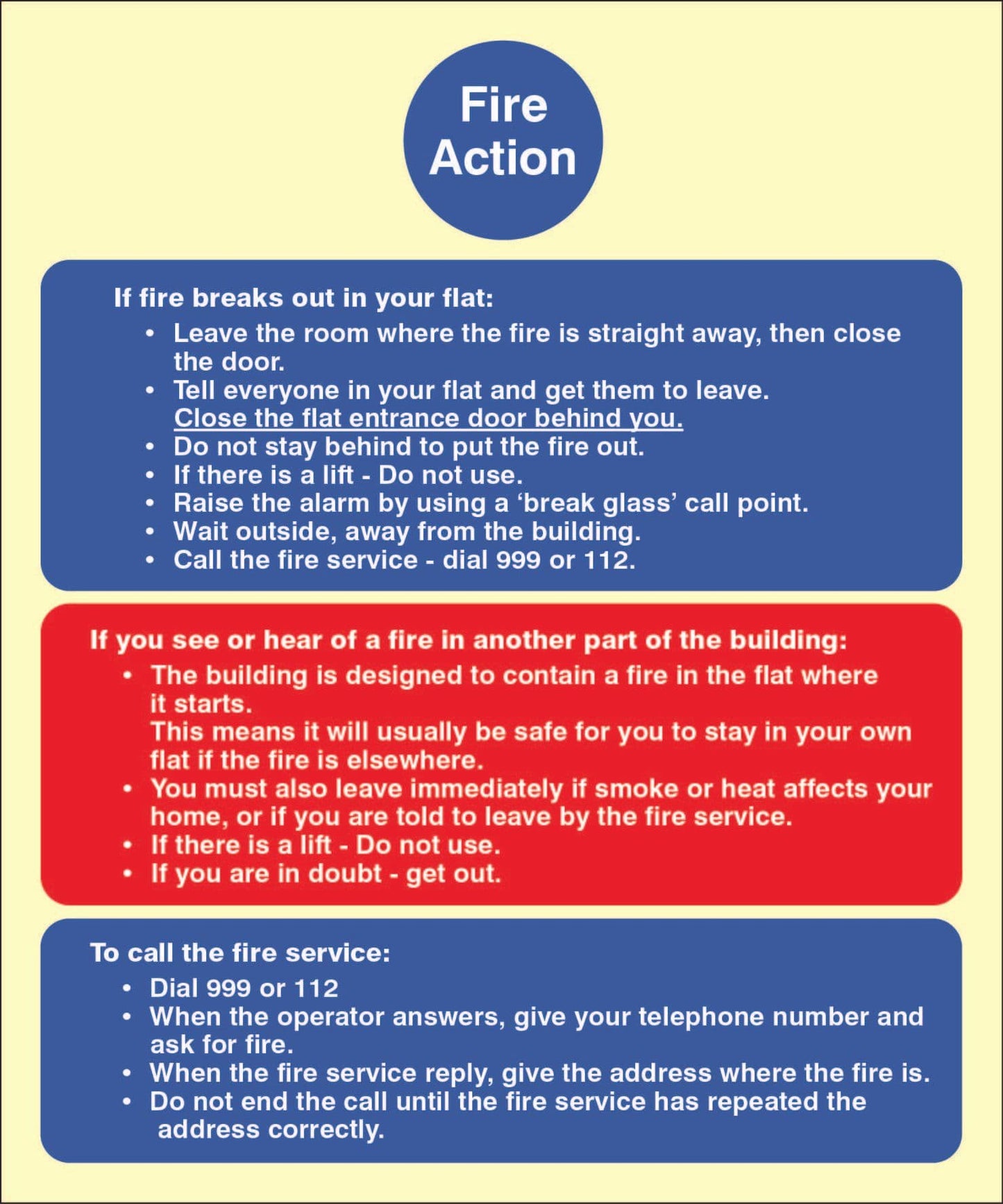 31438E Fire action notice (stay put) for flats Photoluminescent Rigid (200x150mm) Safety Sign