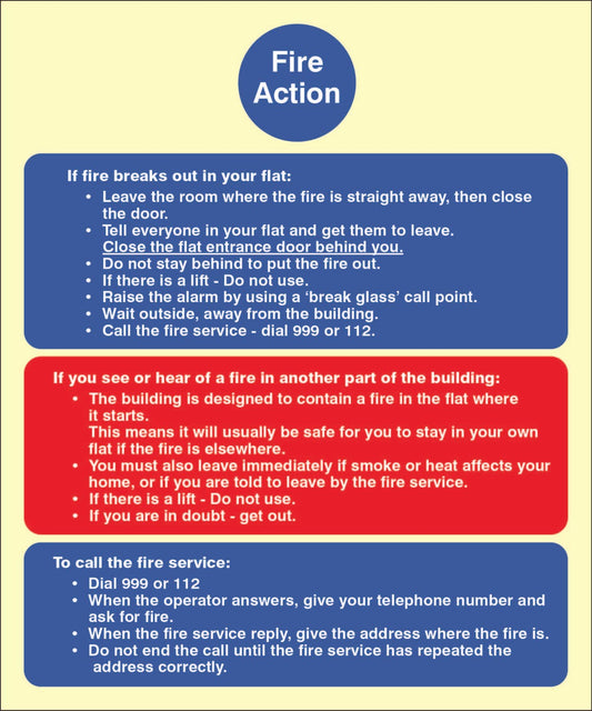 31438E Fire action notice (stay put) for flats Photoluminescent Rigid (200x150mm) Safety Sign