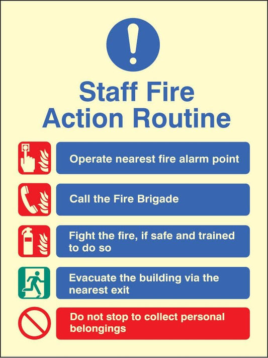 31439E Staff fire action Photoluminescent Rigid (200x150mm) Safety Sign