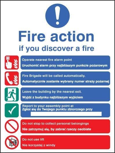 31440E Fire action auto dial with lift (English & Polish) Safety Sign