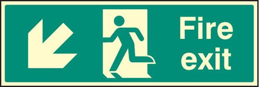 32005L Fire exit - down and left Photoluminescent Rigid (450x150mm) Safety Sign
