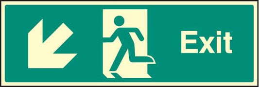 32013M Exit - down and left Photoluminescent Rigid (600x200mm) Safety Sign