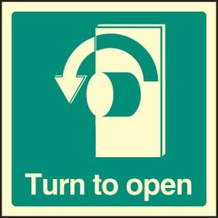 32034C Turn to open - left Photoluminescent Rigid (150x150mm) Safety Sign