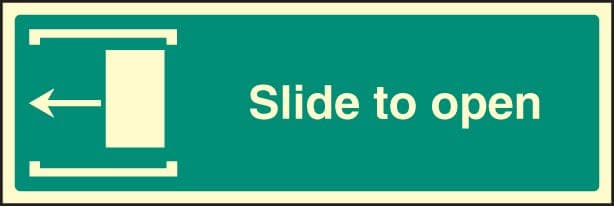 32045G Slide to open left Photoluminescent Rigid (300x100mm) Safety Sign