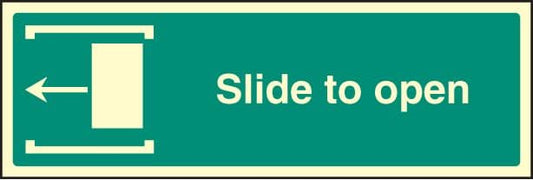 32045G Slide to open left Photoluminescent Rigid (300x100mm) Safety Sign