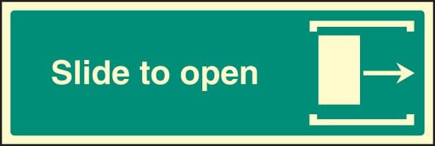 32046G Slide to open right Photoluminescent Rigid (300x100mm) Safety Sign