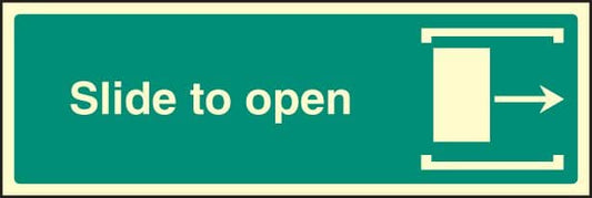 32046G Slide to open right Photoluminescent Rigid (300x100mm) Safety Sign