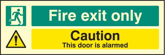 32061G Fire exit only caution this door is alarmed Photoluminescent Rigid (300x100mm) Safety Sign