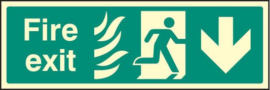 32092L Fire exit down photo HTM Photoluminescent Rigid (450x150mm) Safety Sign