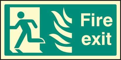 42081J Fire exit left HTM Photoluminescent S/A Vinyl (400x200mm) Safety Sign