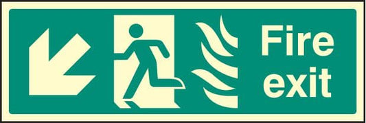 42086L Fire exit down left photo HTM Photoluminescent S/A Vinyl (450x150mm) Safety Sign